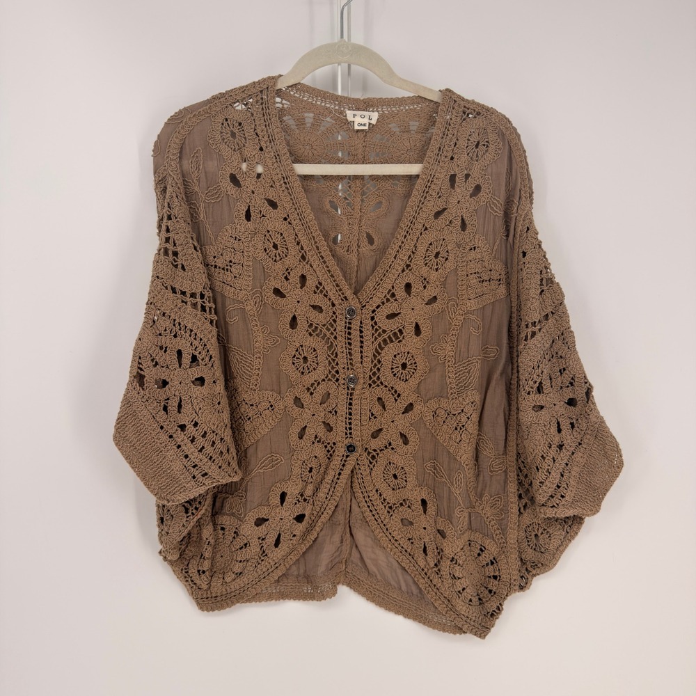 POL Cardigan Womens One Size Brown Crochet Lace Floral Boho Cottagecore Layering